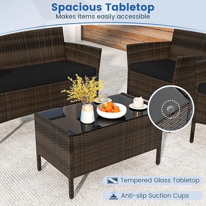 DORTALA Wicker Patio Furniture Set 4 Piece, Outdoor PE Rattan Table & Chairs Set with Tempered Glass Coffee Table, Loveseat, Cushions, Conversation Set for Balcony, Porch, Backyard, Deck, Black