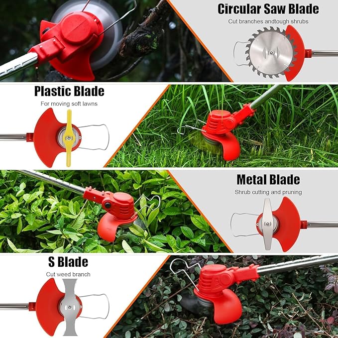 Electric Weed Wacker Cordless, 21V Lightweight Weed Wacker Battery Powered Brush Cutter, 3-in-1 Grass Trimmer/StringlessWeed Trimmer/Edger with Wheels&3Types Blades for Lawn, Garden & Yard