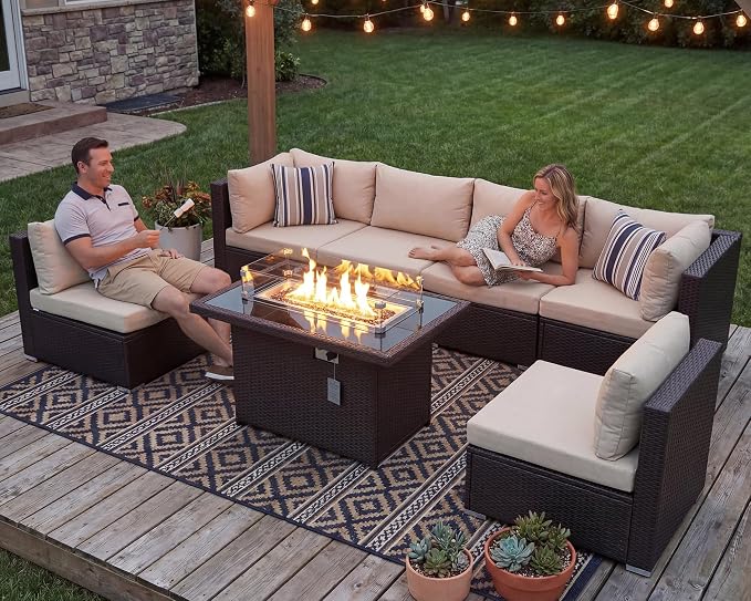 NICESOUL 7 Piece Outdoor Patio Furniture Set with Fire Pit Table Natural Gas & Propane Convertible, 29.3'' High Backrest Deep Wide Seating Conversation Sets, Wicker Sectional Couches, Brown & Beige