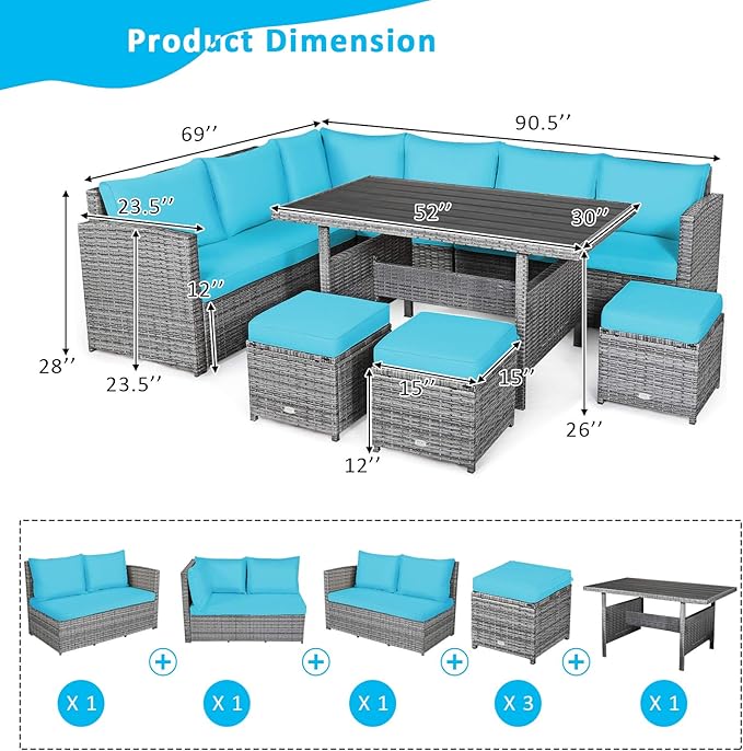 Tangkula 7 Pieces Patio Furniture Set, Outdoor Sectional Rattan Dining Sofa Set with Cushions, All Weather Wicker Conversation Couch Set with Dining Table & Ottomans for Yard Garden Poolside