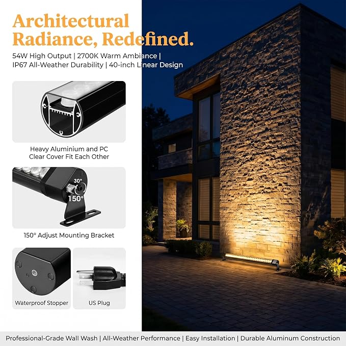 2 Pack 54W Wall Washer Light 40'' 2700K 120V IP67 Waterproof Plug-in | Outdoor LED Light Bar/Lifespan 50K Hr/150° Adjustable/Landscape Lighting Commercial Buildings Christmas Hotels Restaurants