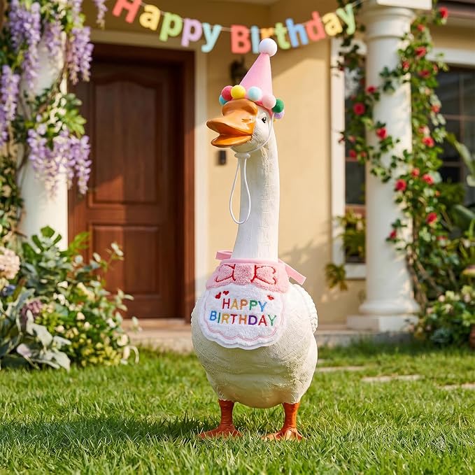 Jmkcoz Birthday Porch Goose Outfits Lawn Goose Statue Costume with Party Hat Bandana for 23" 17" Cement Plastic Statue Patio Yard Garden Outdoor Decor (Pink)