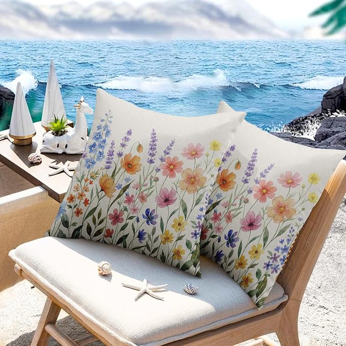 Waterproof Throw Pillow Covers, Flower, 18 x 18 Inch, Set of 2 | Wildflower outdoor farmhouse garden decorative pillowcase square cushion case for couch beach patio
