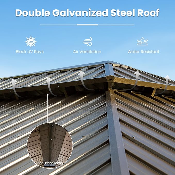 Domi 14' X 24' Hardtop Gazebo, Upgraded Metal Gazebo with Drainage System, Dual-Layer Galvanized Steel Roof, Curtain and Netting, Outdoor Shelter Canopy for Patio, Garden, and Backyard, Brown