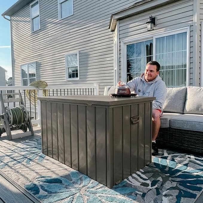 PURPLE LEAF Outdoor Deck Box 150 Gallon Waterproof Lockable Storage Box Container with Lid Deck Organization for Patio Cushions Side Table Pool Accessories Garden Tools, Brown