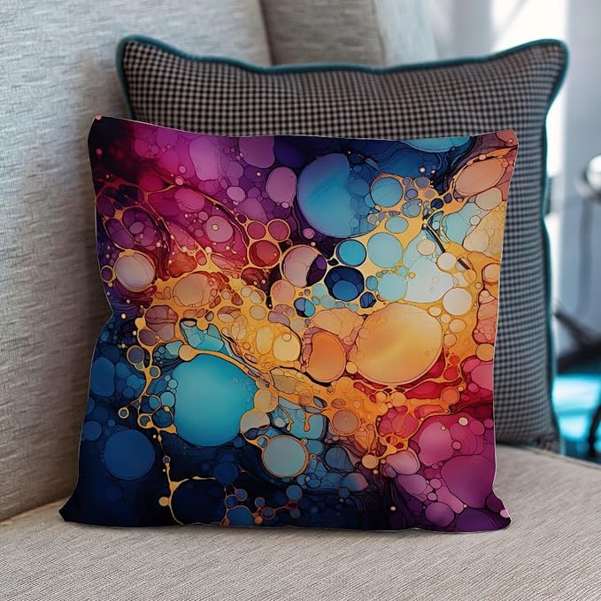 Ink Rainbow Shapes with Gold Pillow Cover Abstract Alcohol Ink Textures Throw Pillow Cover Rustic Outdoor Garden Decoration for Bedroom Sofa Bench Porch 16x16 in