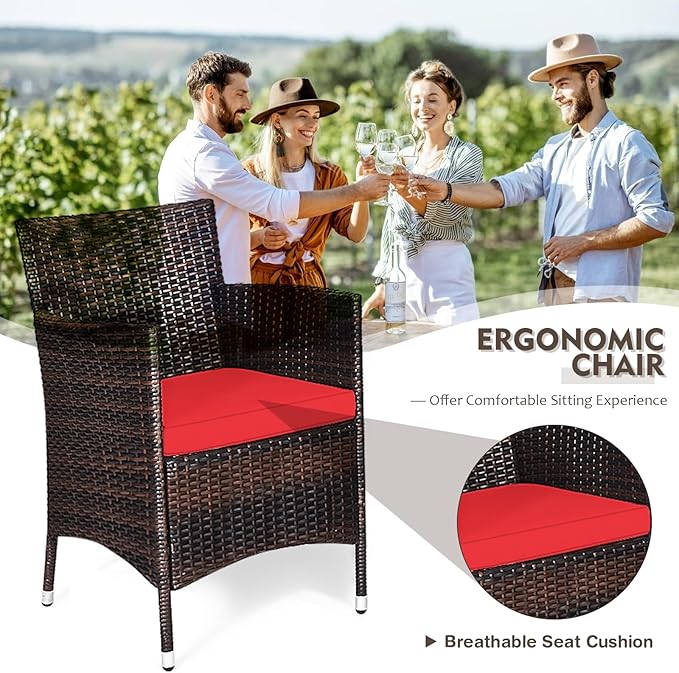 DORTALA Wicker Patio Furniture Set 3 Piece, Small Outdoor Table & Chairs Set with Cushions, All-Weather Rattan Conversation Bistro Set for Balcony, Porch, Backyard, Deck, Red
