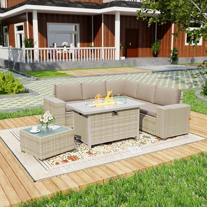 7 Piece Patio Furniture Set, 8" Wide Arm Sectional Sofa Set with 50000 BTU Propane Fire Pit Table & Coffee Table, Rattan Outdoor Conversation Set for Garden, Porch, Lawn, Khaki