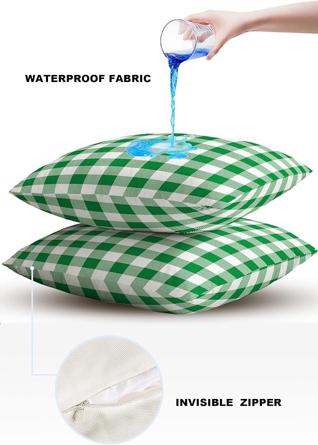 Outdoor Waterproof Throw Pillow Covers Set of 2 Green Buffalo Check Plaid Pillowcases 16x16 Inches Farmhouse Style Patio Decorative Pillows Cushion Case Patio Pillows for Couch Bed Chair Garden