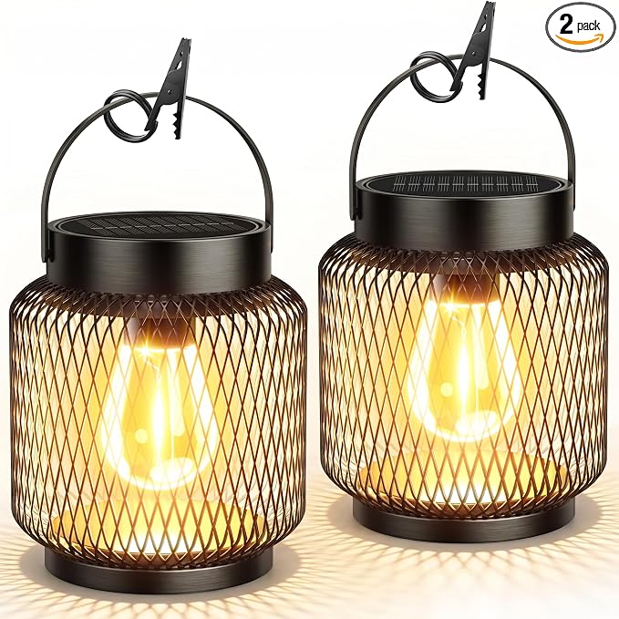 KOOPER Metal Solar Lanterns Outdoor Waterproof, 2 Pack Brighter Hanging Solar Lights for Outside, Up to 15 Hours Modern Hanging Solar Powered Lanterns Lights for Yard Patio Path Tree Garden Decorative