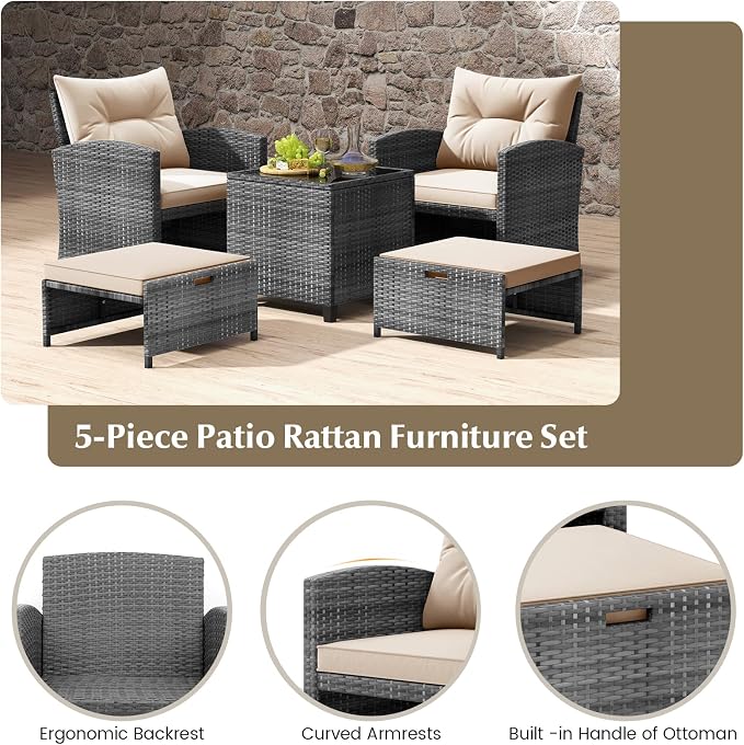 COSTWAY 5-Piece Rattan Conversation Set, Outdoor Wicker Sofa, Tempered Glass Coffee Table & Ottomans for Small Space, Boho Chic Indoor/Outdoor Furniture Set for Poolside, Backyard, Deck (Beige)