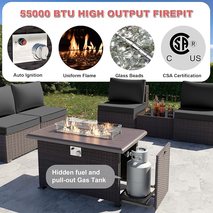 Kurapika 13 Pieces Patio Furniture Set, Rattan Wicker Outdoor Conversation Sets w/43in Propane Fire Pit Table and 4 Inch Cushion(Grey)