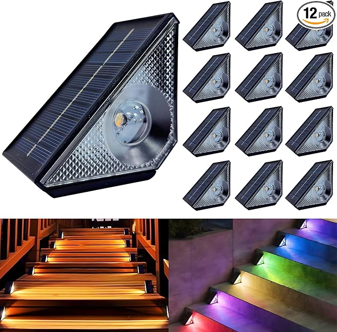 Solar Step Lights, 12 Pack Solar Stair Lights Outdoor Waterproof, Warm White/7 RGB Colors LED Outdoor Deck Light, Outside Light Decor for Garden Stair, Deck, Front Step, Front Porch, and Patio