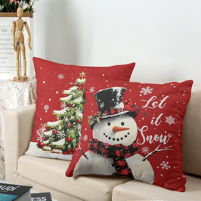 Red Christmas Pillow Covers Snowman Throw Pillow Covers Xmas Tree Pillow Case 22x22 Winter Snowflakes Cotton Blend Cushion Case for Holiday Decor Couch Sofa 2 Pack