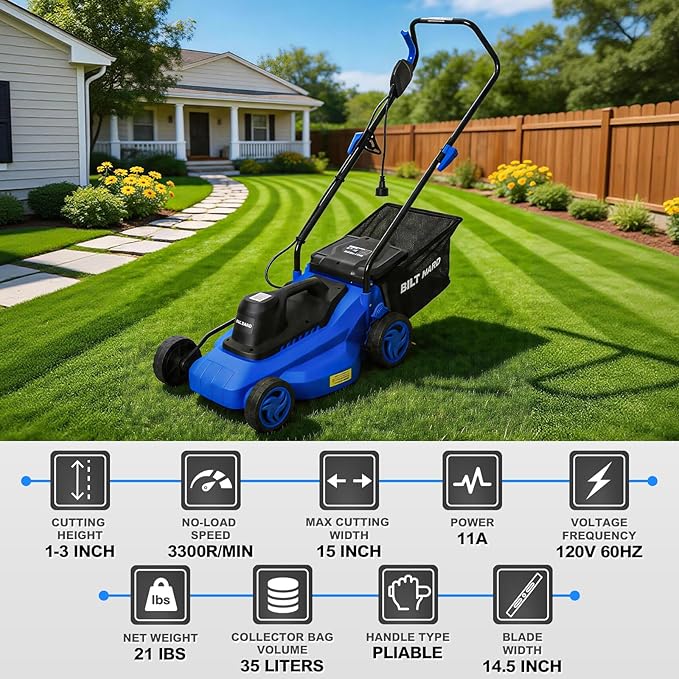BILT HARD 15" Corded Electric Lawn Mower, 11A Motor 3300RPM Push Mower with 35L Grass Bag, 5 Height Adjustments (1"-3"), Lightweight & Foldable Handle for Small Yards