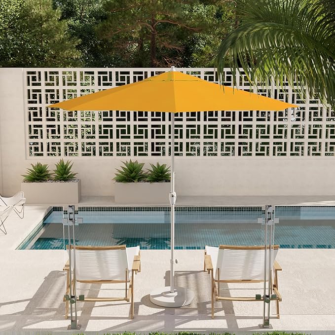 California Umbrella 12-Year Protection 9' Rd Aluminum Patio Umbrella, Crank Lift, Auto Tilt, White Finish, Sunbrella Sunflower Yellow