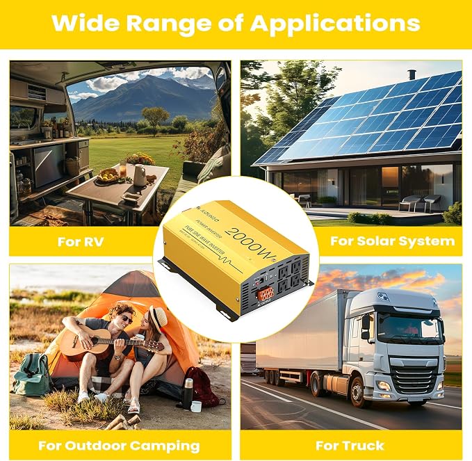 2000W Pure Sine Wave Inverter 12V DC to 120V AC Converter for Home, RV, Truck, Off-Grid Solar Power Inverter Built-in 3.1A USB, Type-C Port, AC Hardwire Output Port, Remote Control with LCD Screen