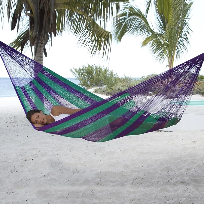 NOVICA Green and Purple Striped Hand Woven Nylon Mayan 2 Person XL Rope Hammock, 'Green Vineyard' (Double)