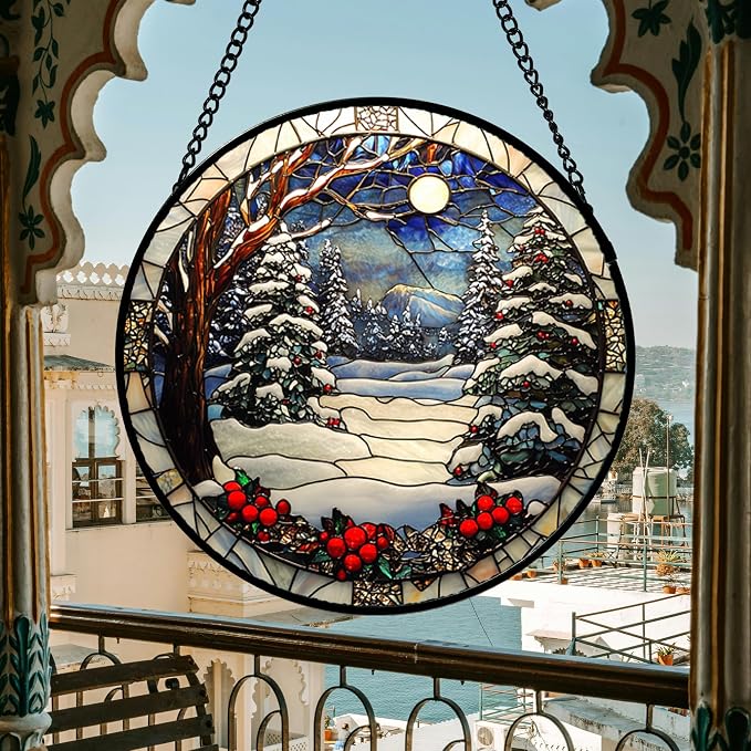 DASTOLL Stained Glass Window Hanging Christmas Tree Winter Snow Night Scenery 6.3" - Suncatcher Door Garden Kitchen Sun Catcher Home Decor Birthday for Mom Men Woman Friend