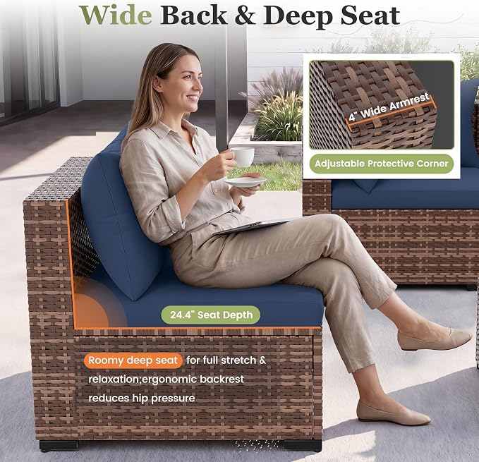 Amopatio Patio Furniture Set, Modular Outdoor Sectional 7 Piece Wicker Patio Set, Multiple Combinations Outdoor Furniture with Glass Coffee Table, Navy Blue