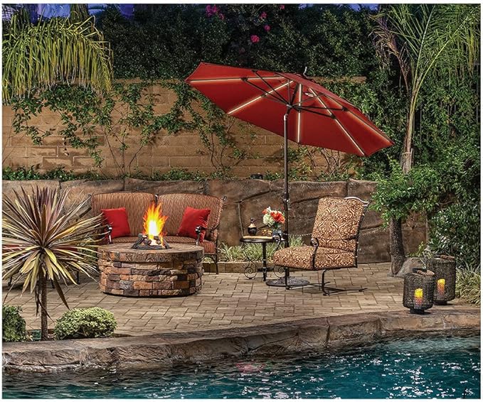 Treasure Garden 9 FT Auto Tilt Market Umbrella with USB Port, Aluminum Pool Umbrella, Fade Resistant, Snap-N-Lock Assembly (9-FT Starlux Collar-Tilt Sunbrella Antique Beige w/Bronze Frame)