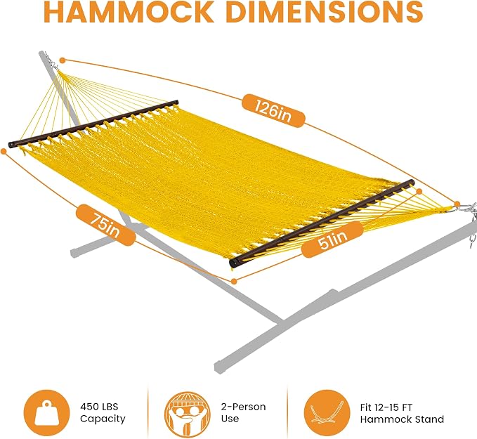 Lazy Daze Hammocks 10.5 FT Double 2 Person Caribbean Rope Hammock, Hand Woven Polyester Hammock with Spreader Bars, for Outside Outdoor Backyard Patio Poolside, 450 LBS Capacity, Yellow