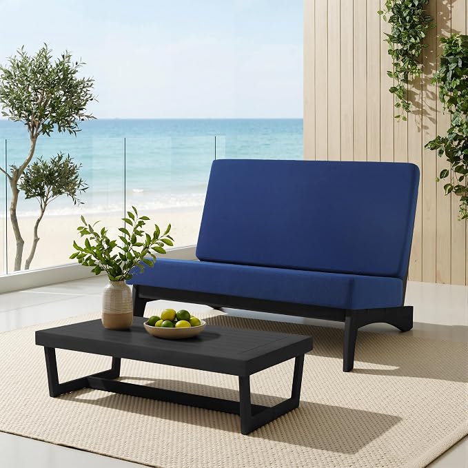 4 Piece Teak Outdoor Patio Frutnire Set, 4 Seater Patio Conversation Sets with Thick Cushions, Outdoor Sectional Furniture with Coffee Table - Navy Blue