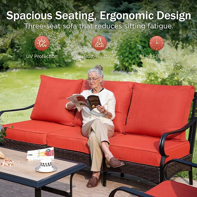 PHI VILLA Outdoor Modern Patio Furniture Set, Upgraded Wicker & Metal Patio Conversation Set with Waterproof Thick Cushions for Porch, Poolside, Yard (5 Pieces,Red)
