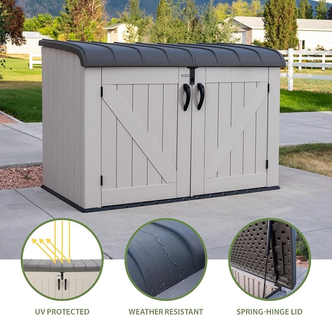 LIFETIME Large Horizontal Outdoor Deck Storage Box, Lockable Spring-Hinge Lid, 561 Gallon Capacity