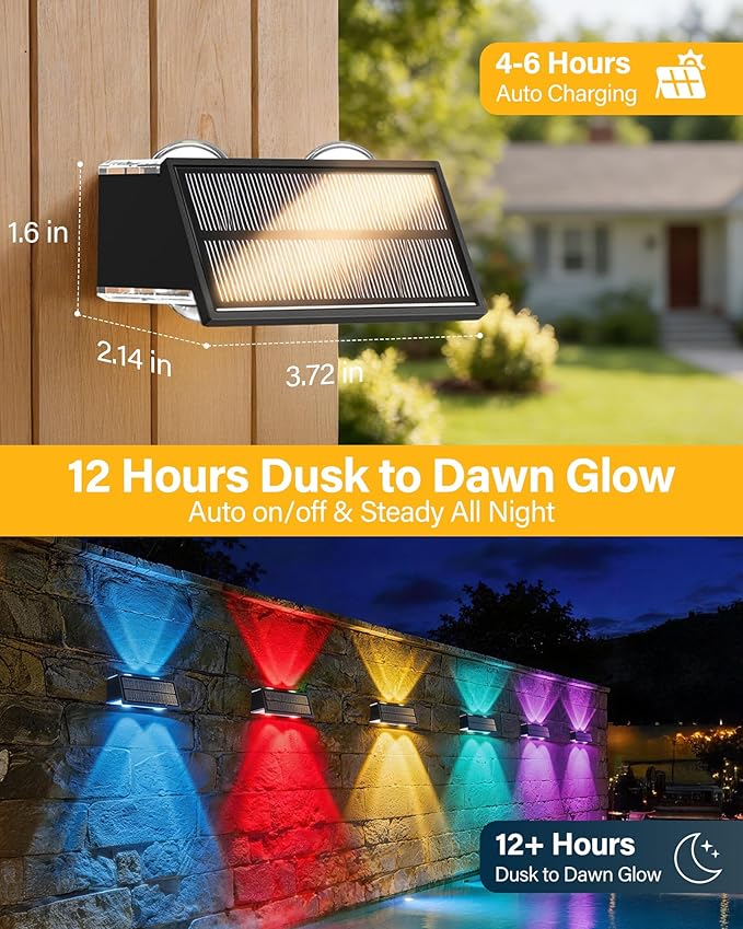 Solar Fence Lights Outdoor, 12 Pack 100LM Fence Lights Solar Powered Waterproof, 9 Color Modes, Up & Down LED Focused Beam, 12H Dusk to Dawn Glow for Pool/Patio/Wall/Backyard - Black