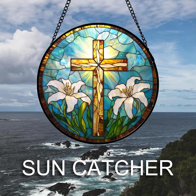 DASTOLL Christian Gifts for Women - Cross Stained Glass Window Hanging Jesus Easter White Lily Flower Sun Catcher Garden Religion Decor Mother's Day Catholic Gift for Men Grandma Mom Her Nana 11.8"