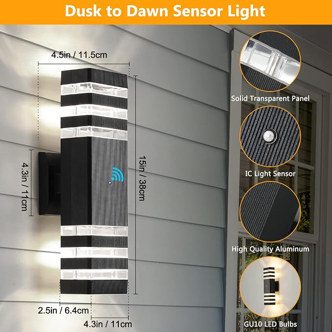1 Pack Dusk to Dawn Outdoor Wall Lights Fixture, Up and Down LED Outdoor Wall Sconce Porch Lights, IP65 3000K Warm White Matte Black Exterior Lights for House Garage Front Porch