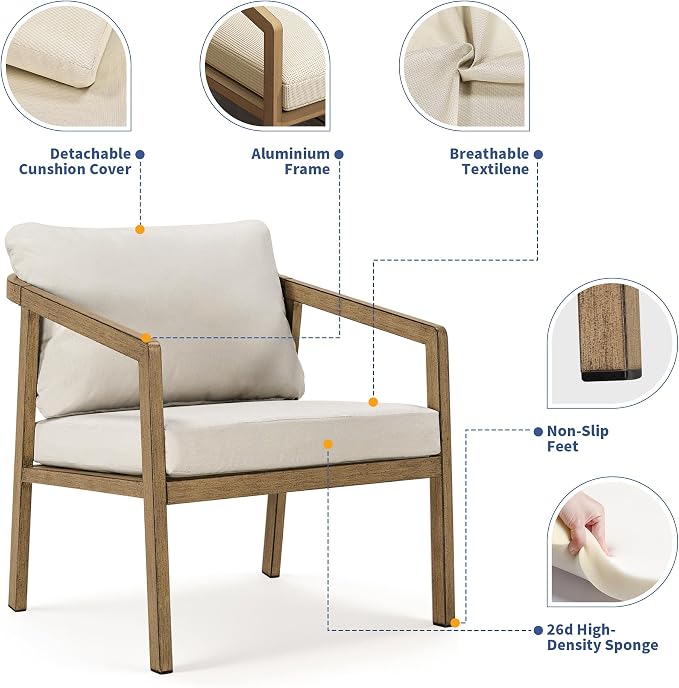 Patio Sofa Chairs Set of 2, Never-Rust Aluminum Outdoor Club Chairs with Washable Thick Cushions, All-Weather Modern Armchair Set for Porch, Deck, Garden, Backyard (Brown+Beige)