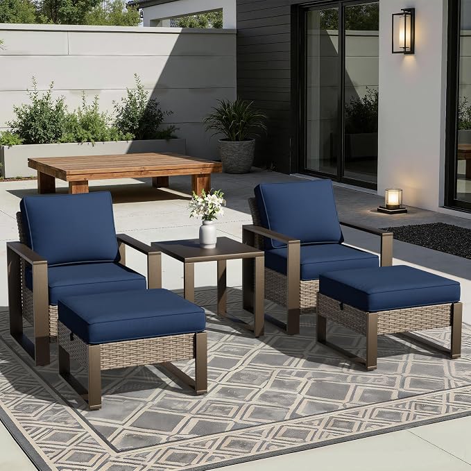Joyside Outdoor Patio Chairs, 4 Pieces Wicker Rattan Furniture Set, 2 Patio Chairs, 2 Ottoman and 1 Table, Metal Wide Armrest, Thick Cushions and Deep Seating for Garden, Backyard, Porch, Deck