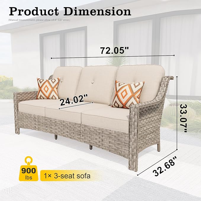 HOOOWOOO Patio Couch,Outdoor Wicker 3 Seater Sofa,All Weather Resistant High Back Rattan Deck Matching Furniture(Beige Tan)