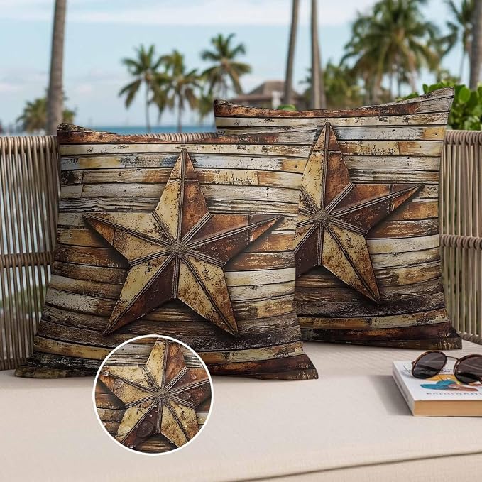 Retro Star Outdoor Waterproof Throw Pillow Covers Set of 2, 18"x18", Abstract Metal Stars Old Weathered Wood Grain Decorative Pillow Covers Outside Cushion Case for Patio Porch Garden