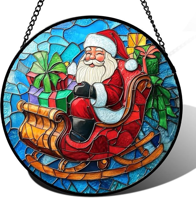 DASTOLL Stained Glass Window Hanging - Red Santa Claus Gift Box Suncatcher for Doors Home Christmas Decoration Winter Sun Catcher Thanksgiving New Year Birthday Gift for Women Men Mom Nana 9.8 in