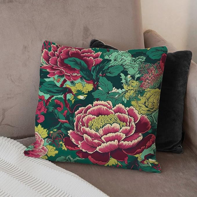 Chinoiserie Red Peony Floral Pillow Cover Green and Pink Cushion Cases 18x18 INModern Accent Outdoor Garden Decoration for Patio Furniture Porch