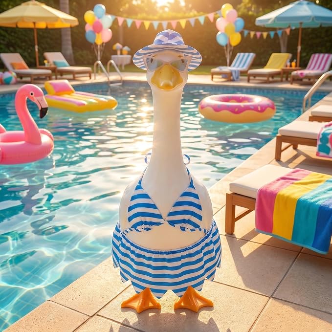 Hot 4Pcs Summer Bikini Porch Goose Outfits Set, Blue Striped Beach Costume with Hat, Fasion Sunglasses & Skirt, Yard & Lawn Goose Clothes for 23" Statue, Outdoor Patio Garden Decoration(Bikini)