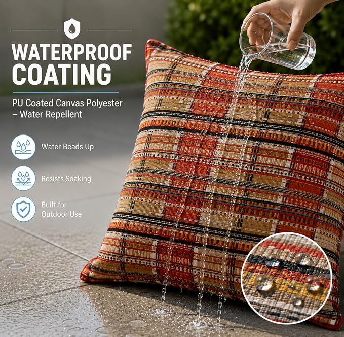 Outdoor Pillow Covers Waterproof Throw Pillow Covers, Set of 2 Jacquard Texture Water Resistant Fade Resistant Decorative Cushion Covers for Garden Patio Bench Couch Sofa, 18x18 Inch (Bohemian Orange)