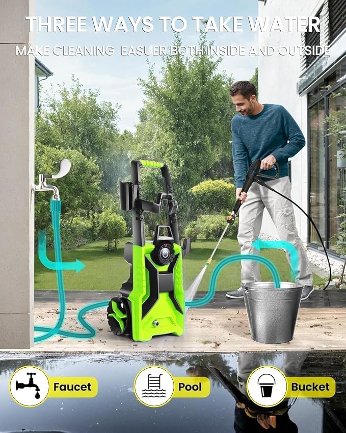5000PSI Electric Pressure Washer, 2500-5000 PSI Adjustable Power Washer with 33ft Hose Reel, 4 Nozzles & Detergent Tank for Cars/Home/Driveways, Green
