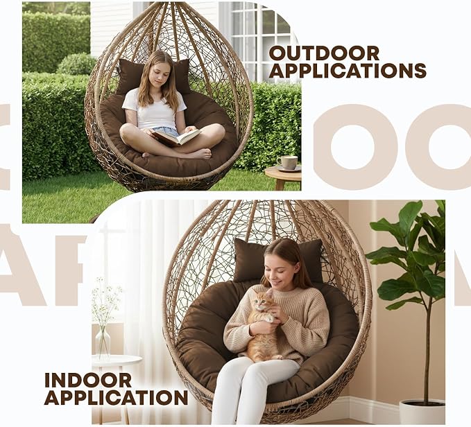 Outdoor 45" Round Egg Chair Cushion Replacement Waterproof Gray | Thicken Pad with Headrest Pillow, Hanging Swing Wicker Egg Chair Cushions, Suitable for Garden Office