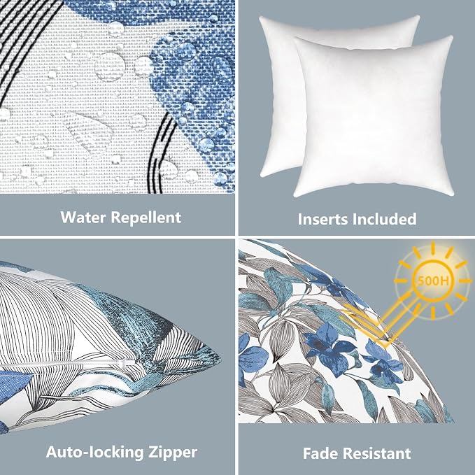 LVTXIII Outdoor/Indoor Throw Pillows, Decorative Throw Pillows with Inserts, 18”x18” Square Pillows for Bed, Couch, Sofa and Patio Furniture (Set of 2, Clemens Noir Blue)