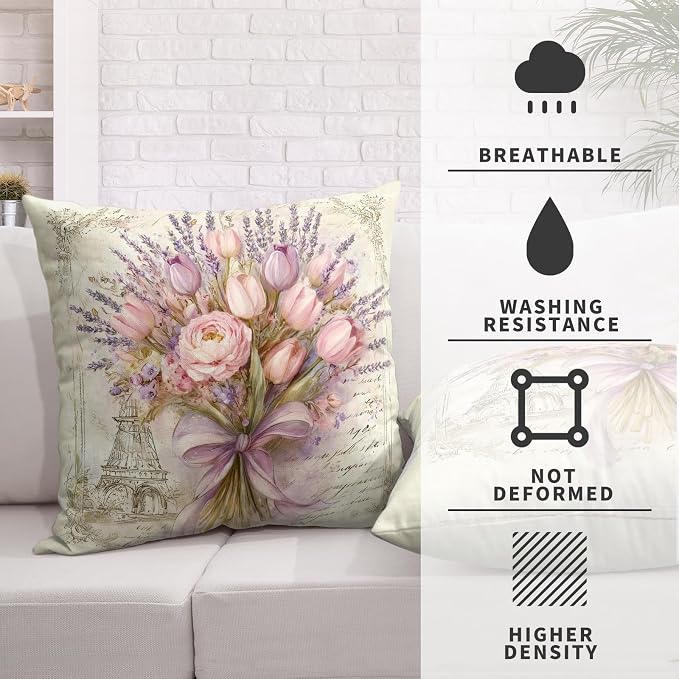 Spring Summer Tulip Pillow Covers Shabby Chic Pink Purple Flower Pillow Cases Lavender Floral Throw Pillow Covers 24x24 Rustic Farmhouse Cushion Case for Bedroom Living Room 2 Pack