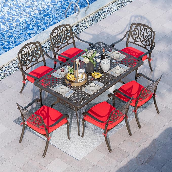 Grepatio 7 Piece Patio Dining Set Outdoor Dining Set Cast Aluminum Furniture Set with 6 Dining Chairs with Cushion and Dining Table for Backyard Garden Deck Poolside (Red)