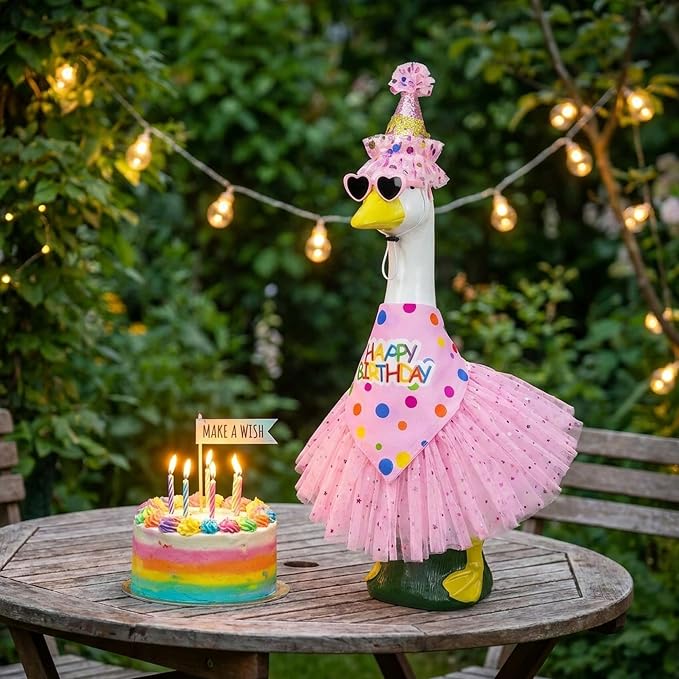 Porch Goose Birthday Outfit, Happy Birthday Goose Outfit Lawn Geese Clothes for 17/23" Cement Geese Statue for Patio (Pink)
