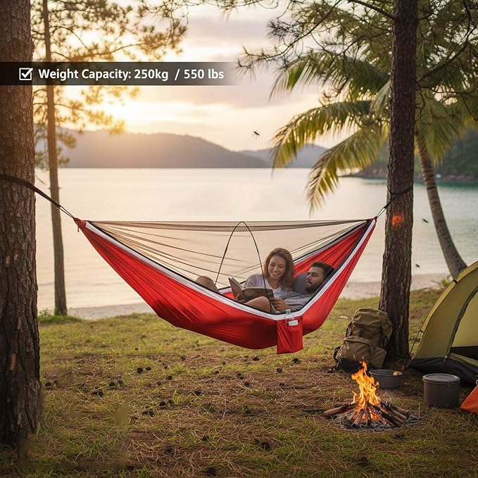 YSUEFIJO Travel Hammock with Mosquito Net, Relaxing Outdoor Hanging Hammock, Foldable and Compact for Backpacking, Breathable and Comfortable, Supports Up to 250kg