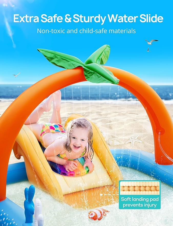 Kiddie Pool with Slide Inflatable Play Center Wading Lounge, Coconut Palm Sprinkler, Water Game Play Center, 95''x75''x40''