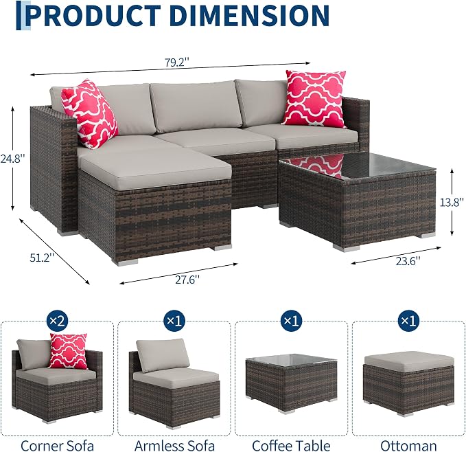 GarveeHome 5 Pieces Patio Sectional Furniture Set, All Weather Wicker Rattan Sectional Sofa, Patio Conversation Set with Cushions and Glass Coffee Table for Backyard Porch Garden Balcony, Grey