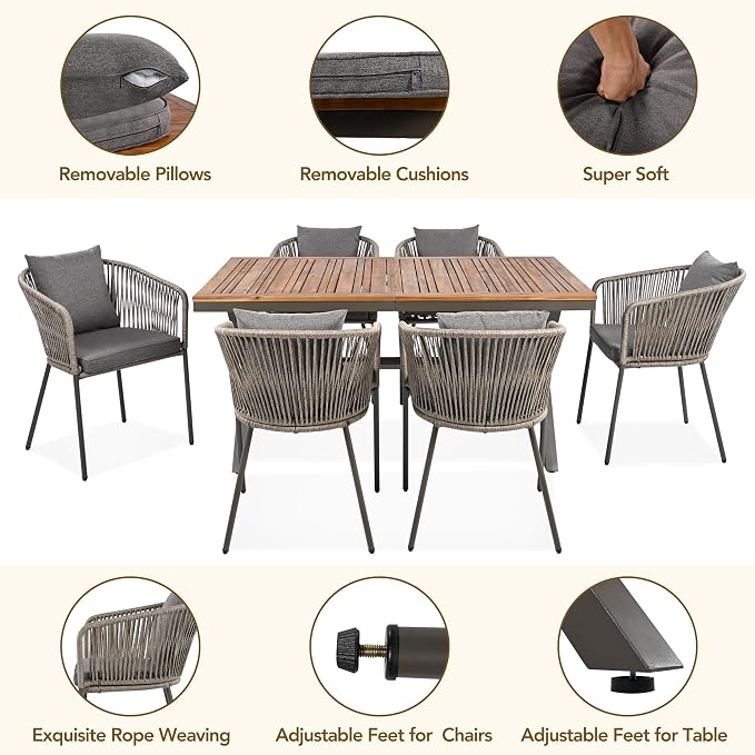 7 PC Patio Dining Set with Table and 6 Chairs Grey | All-Weather Outdoor Furniture with Acacia Wood Tabletop & Metal Frame, for Garden, Backyard, or Balcony